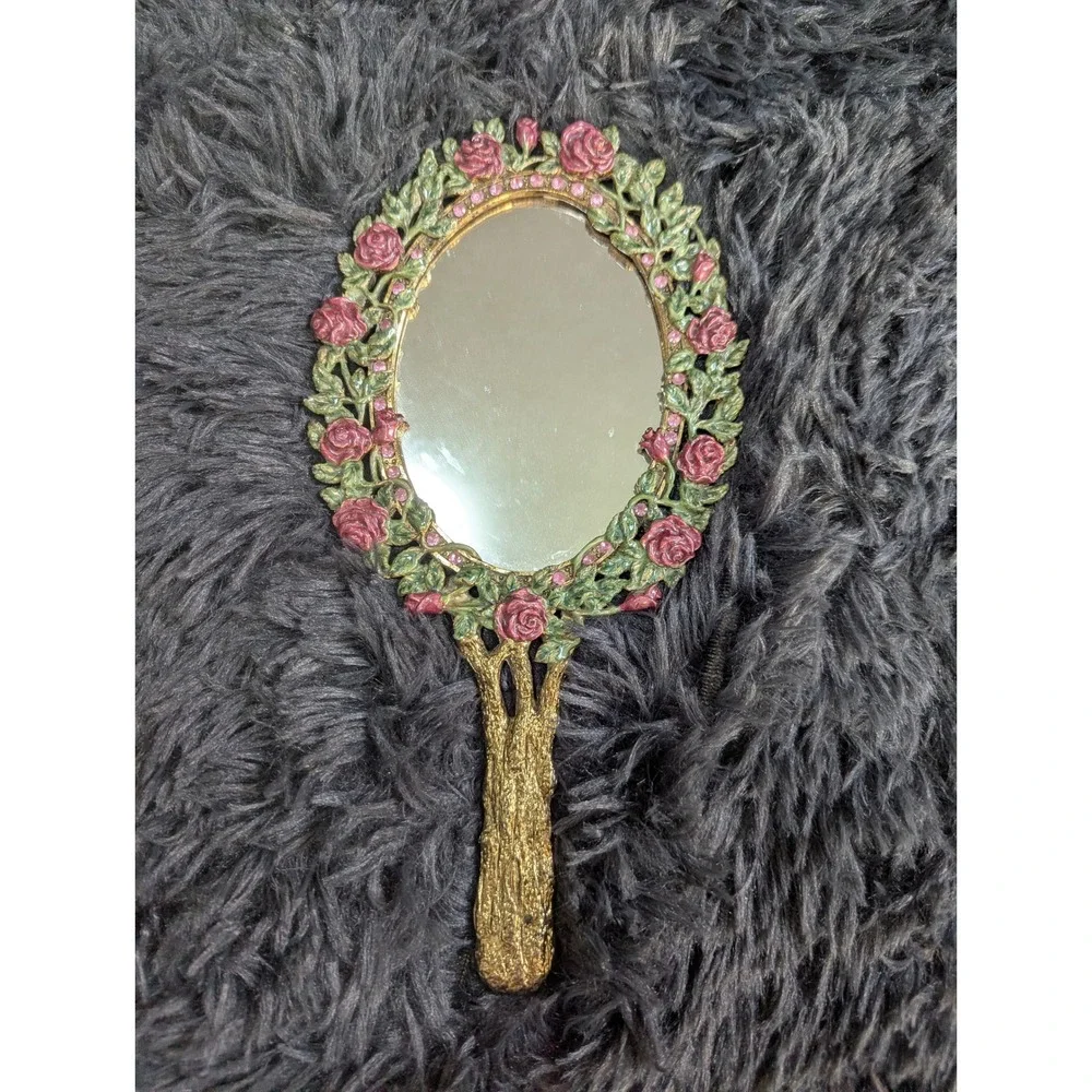Vintage Ornate Rose Hand Mirror‎ Gold Tone Pink Rhinestone Floral Vanity